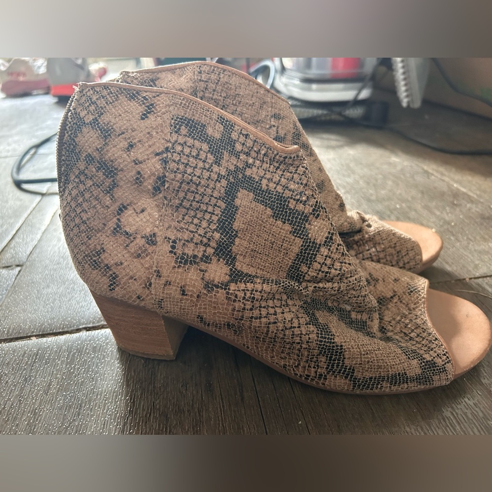 Gimmicks Ruched Open Toe Snakeskin Bootie